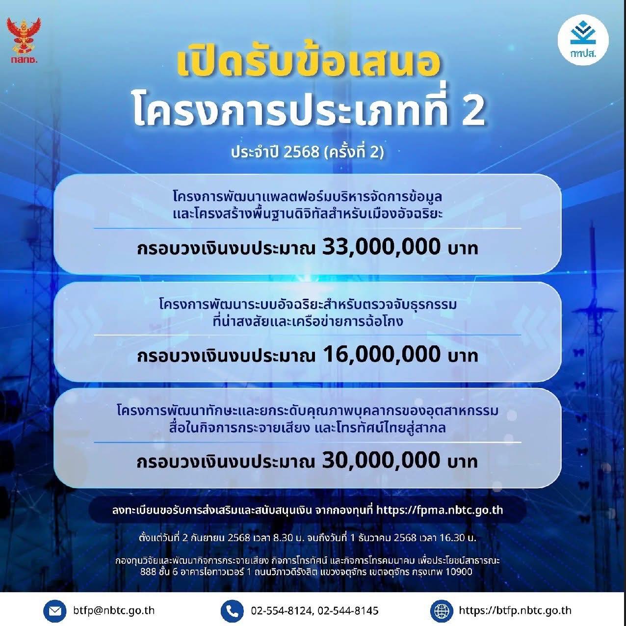 กองทุนวิจัยและพัฒนากิจการกระจายเสียง กิจการโทรทัศน์ และกิจการโทรคมนาคม เพื่อประโยชน์สาธารณะเปิดรับข้อเสนอโครงการประเภทที่ 2 ประจำปี2568 (ครั้งที่ 2)